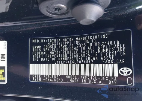 2020 Toyota Corolla Le из США, поврежденный, VIN 5YFEPRAE6LP074842